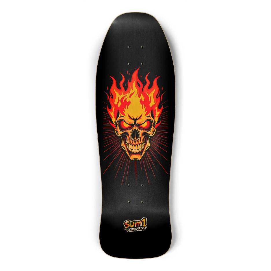 sum1sk8boards flaming skull old school shape skateboard