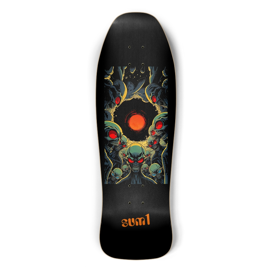 sum1sk8boards aliens black hole old school shape skateboard